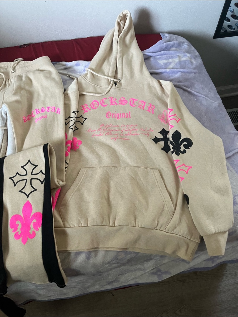 Rockstar Original Cream Hoodie & Joggers Set with Pink & Black Accents
